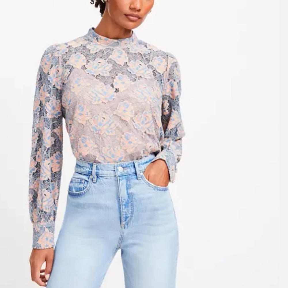 Loft Floral Mock Neck Lace Long-Sleeve Top size small